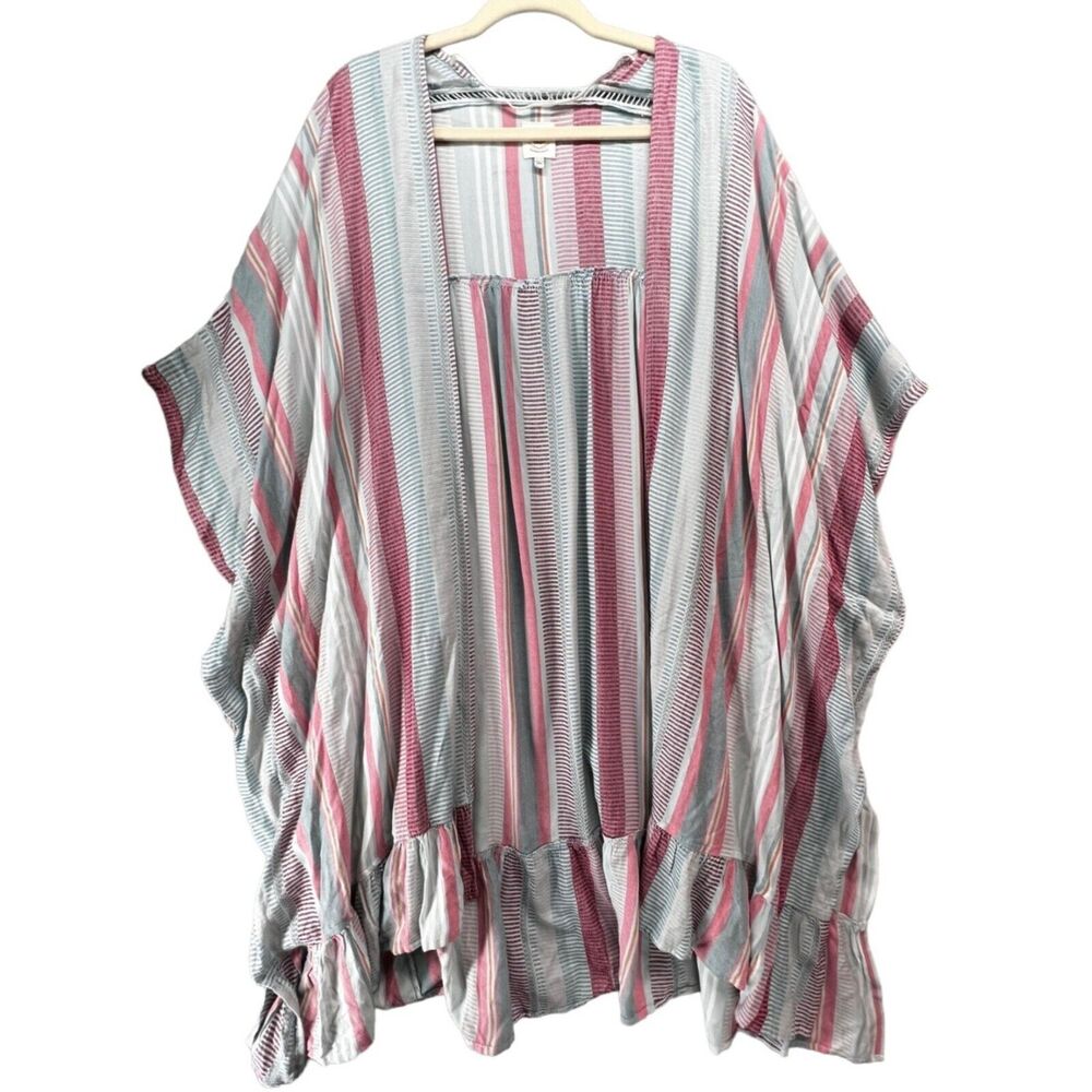 True Craft Kimono‎ Cardigan Women S-M Pink Multicolor Stripe Open Ruffle Boho